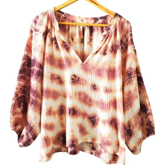 NATION LTD MiMi Romance‎ Plum/Yellow/Cream Tie Dye Gauzy Peasent Sleeve Blouse L - Picture 2 of 15